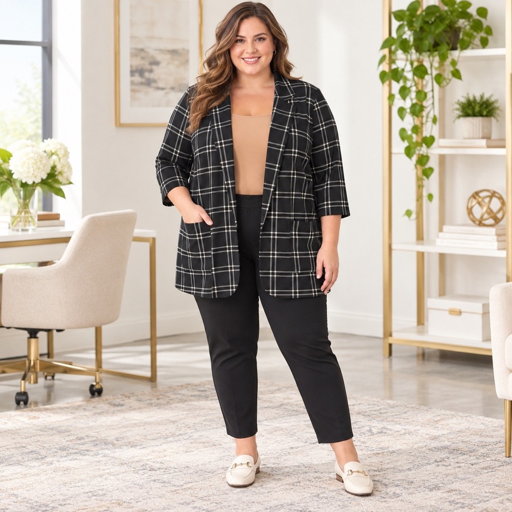 Maurices Black Cream Plaid Open Front Blazer Jacket 3/4 Sleeve Plus Size 3X